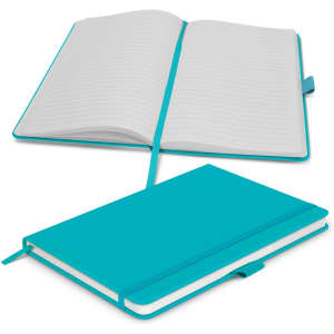 A turquoise notebook with a soft cover, featuring lined pages and a matching ribbon bookmark.