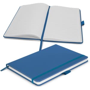 A blue notebook featuring blank lined pages, an elastic closure, and a bookmark ribbon. Contains branding.