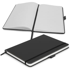 A black notebook with lined pages, featuring a ribbon bookmark and an elastic closure. It has a simple design.