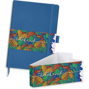 A blue notebook with a colourful patterned band and a matching envelope. It features a logo on the cover.