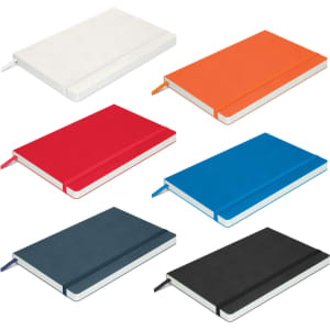 A collection of Hudson Notebooks in white, orange, red, blue, teal, and black, each with a matching elastic band and bookmark.