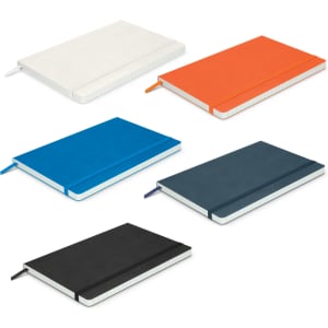 Five Hudson Notebooks in various colours: white, orange, blue, navy, and black, each featuring a logo.