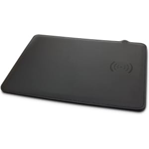 A black wireless charging mouse mat with a subtle logo in the top corner, designed for charging devices.