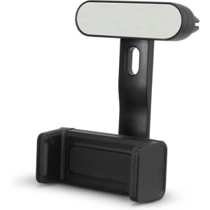 A black car phone holder featuring a mirror-like surface and adjustable grips for secure positioning of devices.
