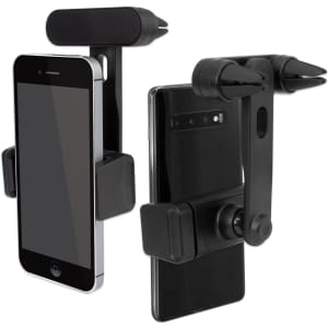 A black car phone holder featuring adjustable grips for different phone sizes and a mount for easy attachment.