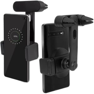 A black wireless charging phone holder designed for use in cars, featuring adjustable grips and a charging indicator.