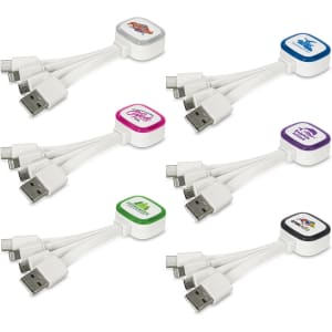A collection of six multi-charging cables in white, featuring various logos and designs on the connectors.