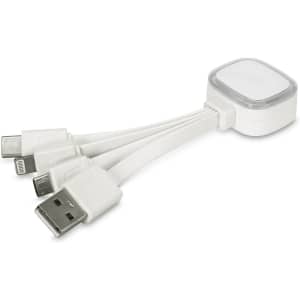 A white Zodiac Charging Cable with multiple connectors including USB, Lightning, and Micro USB. It features a logo.