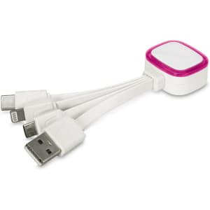A charging cable with a white body and pink accents, featuring multiple connectors for various devices.