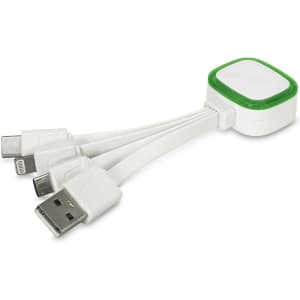 A white charging cable with a green connector, featuring USB, Micro USB, and Lightning ends. It has a branding logo.