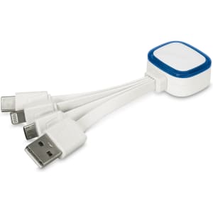 A white Zodiac Charging Cable with multiple connectors, including USB, Lightning, and micro USB, featuring a blue accent.