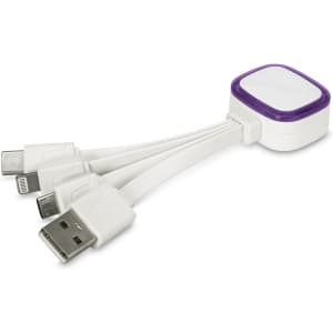 A white Zodiac charging cable with multiple connectors, featuring a purple accent and a branding logo.