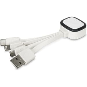 A white charging cable with multiple connectors, including USB, micro USB, and Lightning, featuring a small logo.