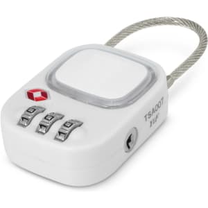 A white Zodiac TSA lock with a cable loop and a combination dial. It features a logo on the front.