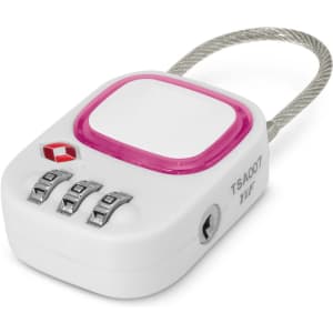 A white TSA lock with a pink cover, featuring a cable loop and three combination dials. It has a logo on the side.