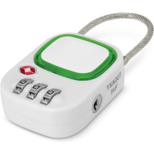 A white TSA lock with a green accent and a metal cable, featuring three combination dials and a logo.