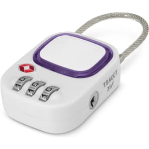 A white TSA lock with a purple accent and a metal cable, featuring a three-digit combination dial.