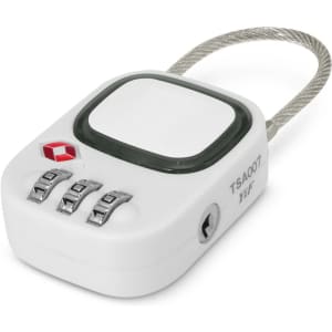 A white TSA lock with a green button and a metal cable, featuring a combination dial and a logo.