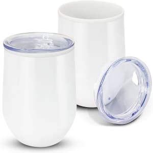 A drink bottle in white with a clear lid, featuring a sleek, modern design. One bottle is upright, and the other is laid down.