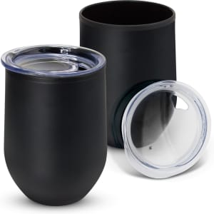 A drink bottle set in matte black, featuring two cups with clear lids, one cup shown with the lid removed.