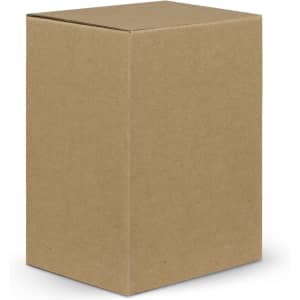 A plain brown cardboard box, standing upright with a flap top, showcasing a simple and unadorned design.