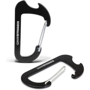 A drink bottle opener in black with a carabiner design, featuring a logo. Two are presented at different angles.
