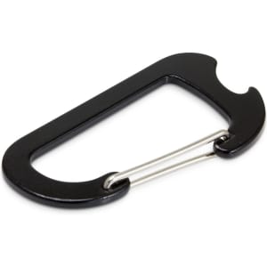 A black carabiner bottle opener with a silver hinge, featuring a curved design and sturdy construction.