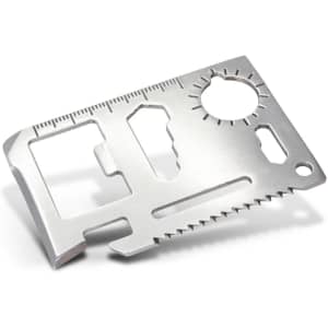 A silver multi-tool card with various tools and measurement markings, featuring a logo.
