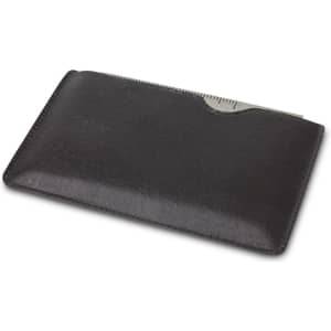 A black multi-tool card within a sleek black leather case, featuring a measurement scale on one edge.