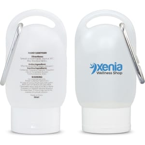 A clear 30ml gel hand sanitiser with a carabiner, featuring a logo and instructions on the back.