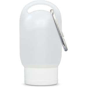 A transparent gel hand sanitiser bottle with a silver carabiner, featuring a white cap.