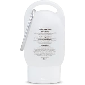 A white 30ml gel hand sanitiser bottle with a clip and a flip-top cap, featuring a logo on the front.