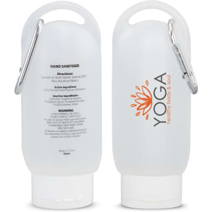 A frosted white gel hand sanitiser bottle, 55ml, featuring a silver carabiner and a logo. 