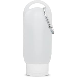 A translucent white gel hand sanitiser bottle with a carabiner clip attached.