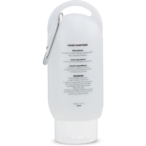 A gel hand sanitiser in a clear 55ml bottle with a clip, featuring a white design and a logo.