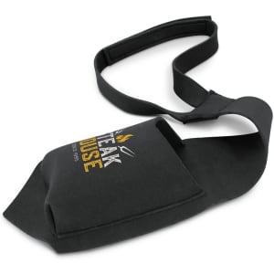 A drink bottle holder in black with a logo, featuring a strap for easy carrying. Ideal for keeping beverages cold.