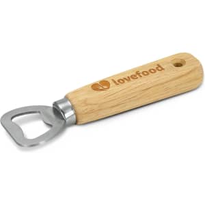 A drink bottle opener with a stainless steel head and a wooden handle, featuring a logo.