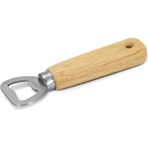 A drink bottle opener with a silver metal head and a natural wooden handle, featuring a branding logo.
