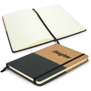 A notebook featuring a cork and dark green cover, with blank pages and an elastic closure. It has a branding logo.