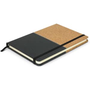 A notebook with a cork cover and dark green fabric, featuring an elastic band closure and a ribbon bookmark.