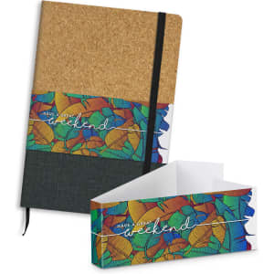 A cork and patterned notebook featuring a black elastic band, presented with a matching box.