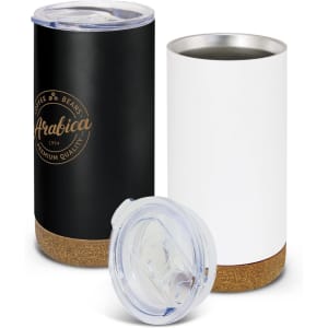 A drink bottle with a black and white exterior, featuring a cork base and a clear lid. It has a logo design.