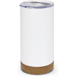 A drink bottle with a white body and a cork base, featuring a transparent lid and a logo.