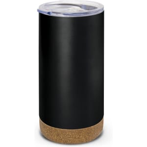 A drink bottle in matte black with a cork base and a clear lid, featuring a logo on the side.