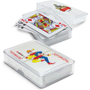 A deck of Saloon Playing Cards in a clear case, featuring colourful illustrations and a joker card.