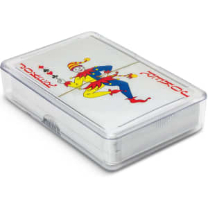 A clear plastic box containing Saloon Playing Cards with a colourful jester illustration on the front.