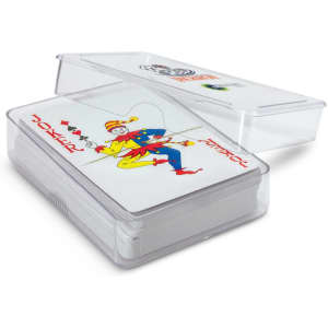 A set of Saloon Playing Cards in a clear plastic case, featuring vibrant colours and a jokester design on the front.