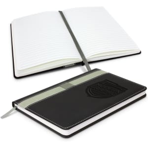 A black notebook with a textured cover, featuring lined pages and a ribbon bookmark. It has a logo on the front.