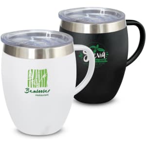 A drink bottle set featuring a white and a black vacuum cup with handles and transparent lids, both with branding.