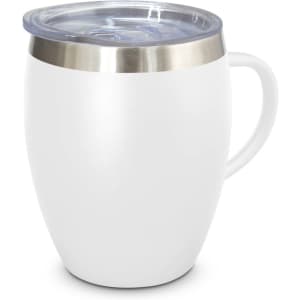 A drink bottle in white with a silver band and a clear lid, featuring a handle. logo present on the cup.